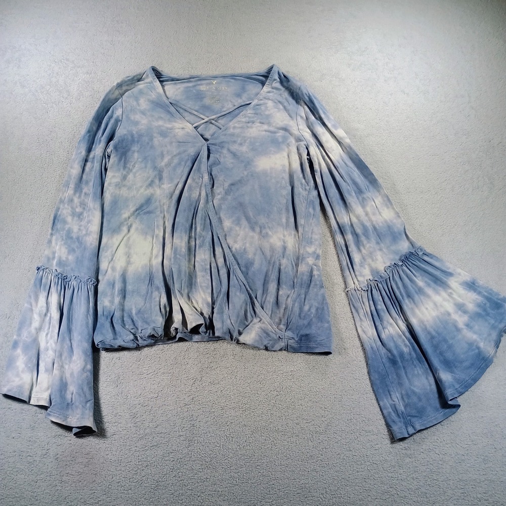 American Eagle Women Soft & Sexy‎ Blue Tie Dye Small Bell Sleeve Wrap Top